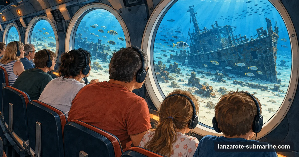 Illustration: passengers seated inside a submarine cabin looking out of round windows at fish swimming over a sunken shipwreck on a sandy seabed, blue light filtering down
