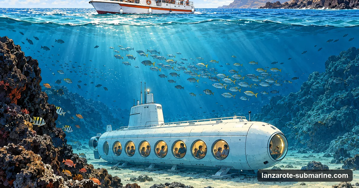 Illustration: a split view of the sea, a boat on the sunlit surface above and a submarine resting on the sandy seabed far below it, fish between them
