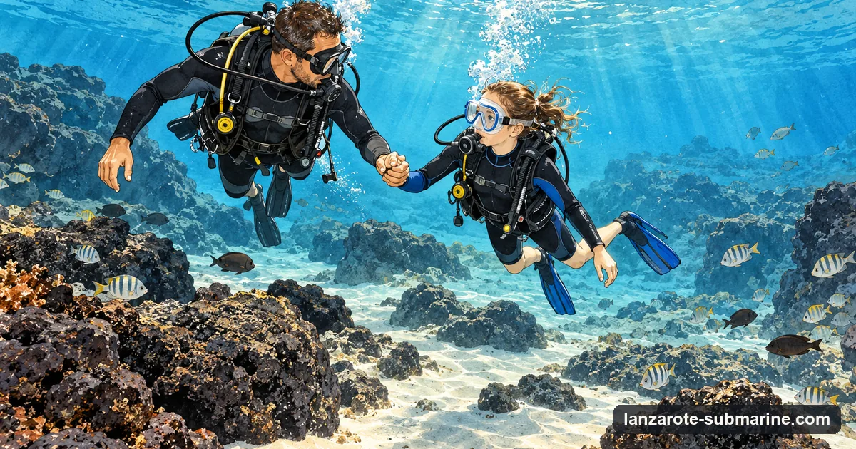 Illustration: an instructor holding the hand of a beginner diver above a rocky seabed with small fish around them, the surface bright above