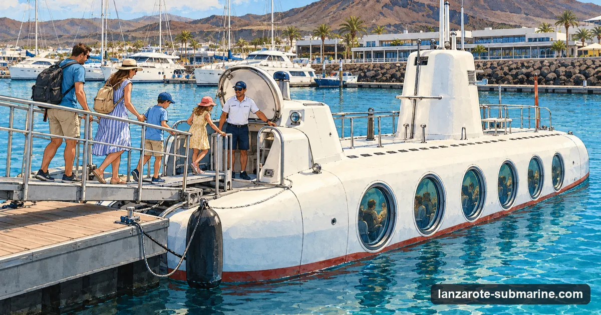 Illustration: a family with two children boarding a passenger submarine moored at a marina pontoon, a crew member at the hatch