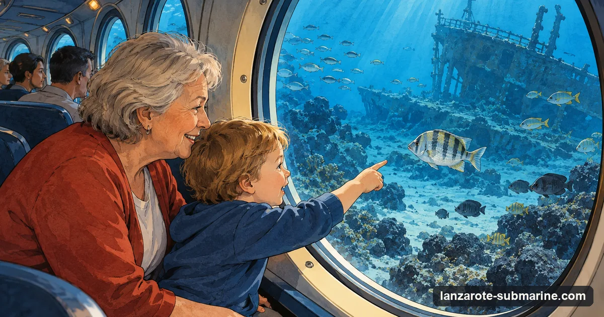 Illustration: a grandmother and a young child sitting side by side at a submarine window, the child pointing at a fish outside