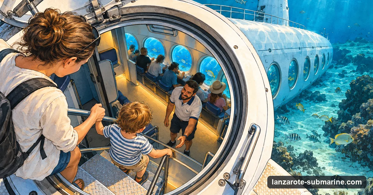 Illustration: a parent helping a small child down a short ladder through the round hatch of a submarine, a crew member waiting below